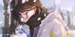 Rule 34 | 1girl, arknights, artist name, brown hair, cherry blossoms, commentary request, dated, dated commentary, feather hair, from side, glasses, hair between eyes, highres, hood, hood down, hooded jacket, jacket, looking down, outdoors, owl ears, short hair, silence (arknights), turtleneck, upper body, xilmo, yellow eyes