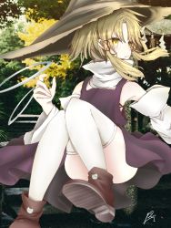 Rule 34 | 1girl, blonde hair, boots, day, detached sleeves, expressionless, hair ribbon, hat, jewelry, knees together feet apart, long sleeves, looking to the side, moriya suwako, outdoors, pon (ruu at611), profile, ribbon, ring, shirt, signature, sitting, skirt, solo, thighhighs, touhou, vest, white thighhighs, wide sleeves, yellow eyes
