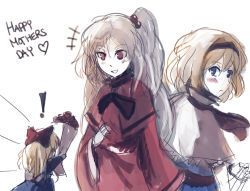 Rule 34 | 2girls, alice margatroid, blonde hair, blue eyes, bouquet, bow, capelet, english text, expressionless, flower, grey hair, hair bow, hairband, headband, long sleeves, mother&#039;s day, multiple girls, puppet, red eyes, ribbon, shanghai doll, shinki (touhou), short hair, simple background, sketch, smile, string, touhou, touhou (pc-98), zarisu