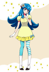 Rule 34 | 10s, 1girl, blue eyes, blue hair, blush, boots, casual, dress, eyelashes, fashion, female focus, full body, gloves, hair ornament, happinesscharge precure!, happy, kagami chihiro, knee boots, kneehighs, long hair, looking at viewer, matching hair/eyes, precure, shirayuki hime, smile, socks, solo, standing, white gloves