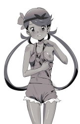 Rule 34 | 1girl, bad id, bad pixiv id, bare shoulders, blush, breasts, cowboy shot, creatures (company), dark-skinned female, dark skin, game freak, greyscale, hand up, headband, highres, long hair, looking at viewer, mallow (pokemon), monochrome, naked overalls, nintendo, nipples, one breast out, ontaros, overalls, overalls pull, parted lips, pokemon, pokemon sm, pulled by self, simple background, small breasts, smile, solo, white background