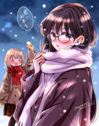 Rule 34 | 2girls, :d, arm up, artist name, black-framed eyewear, black hair, black pantyhose, blush, brown coat, brown mittens, brown skirt, buttons, closed eyes, coat, commentary request, dated, glasses, hand up, happy, himawari-san, himawari-san (character), kazamatsuri matsuri, light brown hair, long hair, long sleeves, looking at viewer, miniskirt, mittens, multiple girls, open mouth, outdoors, pantyhose, pleated skirt, purple eyes, purple scarf, red scarf, scarf, short hair, signature, skirt, smile, snowing, speech bubble, sugano manami, translation request