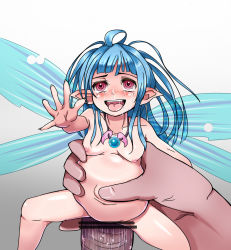 Rule 34 | 1boy, 1girl, ahegao, blue hair, blush, breasts, censored, fairy, gradient background, hair ornament, hetero, highres, holding, jewelry, large insertion, long hair, looking at viewer, mini person, minigirl, necklace, nipples, nude, open mouth, outstretched hand, penis, pointy ears, purple eyes, saliva, sex, shiny skin, simple background, size difference, small breasts, solo focus, stomach bulge, tears, tongue, tongue out, wings