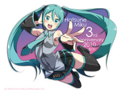 Rule 34 | 1girl, :d, aqua eyes, aqua hair, aqua nails, armpits, blush, boots, caffein, detached sleeves, excited, foreshortening, hatsune miku, headphones, headset, highres, jumping, long hair, nail polish, necktie, open mouth, skirt, smile, solo, thigh boots, thighhighs, twintails, very long hair, vocaloid, zettai ryouiki