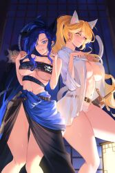 Rule 34 | 2girls, absurdres, animal ears, arched back, bandeau, bare shoulders, belt, black skirt, blonde hair, blue eyes, blue hair, blue sarong, blue skirt, braid, breasts, bright pupils, brown belt, cat ears, cat girl, cat tail, cchuap, copyright request, embarrassed, french braid, gun, handgun, highres, indoors, korean commentary, large breasts, long hair, looking at viewer, multiple girls, navel, night, no bra, novelpia, open clothes, open robe, panties, parted bangs, paw pose, ponytail, robe, sarong, see-through, sheath, sheathed, side ponytail, side slit, skirt, smile, stomach, sweat, swept bangs, sword, tail, thighs, underboob, underwear, very long hair, weapon, white panties, white pupils, white robe, window, yellow eyes