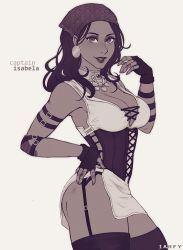Rule 34 | 1girl, artist name, bandana, black gloves, black thighhighs, breasts, character name, cleavage, dark-skinned female, dark skin, dragon age, dragon age 2, earrings, fingerless gloves, gloves, hand on own hip, hand up, iahfy, isabela (dragon age), jewelry, large breasts, lip piercing, looking at viewer, muted color, parted lips, piercing, print bandana, red bandana, simple background, smile, solo, thighhighs, white background