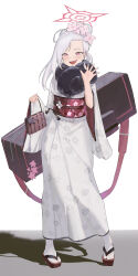 Rule 34 | 1girl, absurdres, bag, black c (net dust), black scarf, blue archive, blush, fang, full body, grey hair, halo, handbag, highres, holding, holding bag, japanese clothes, kimono, long hair, long sleeves, mutsuki (blue archive), mutsuki (new year) (blue archive), obi, official alternate costume, official alternate hairstyle, open mouth, pink eyes, red halo, sash, scarf, shadow, skin fang, smile, socks, solo, standing, tabi, white kimono, white socks, wide sleeves