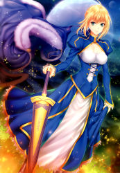 Rule 34 | 1girl, absurdres, ahoge, arm at side, artoria pendragon (all), artoria pendragon (fate), blonde hair, blue dress, blue eyes, braid, breasts, cape, unworn cape, cleavage, cleavage cutout, closed mouth, clothing cutout, corset, covered erect nipples, detached sleeves, dress, excalibur (fate/stay night), eyelashes, fate/stay night, fate (series), french braid, full moon, fur-trimmed cape, fur trim, grass, green eyes, hair between eyes, hair bun, hair ribbon, hand on hilt, highres, holding, holding sword, holding weapon, juliet sleeves, light particles, long sleeves, looking at viewer, medium breasts, moon, night, night sky, outdoors, puffy long sleeves, puffy sleeves, ribbon, saber (fate), scan, sidelocks, single hair bun, skirt hold, sky, smile, solo, standing, star (sky), starry sky, sword, weapon, zucchini