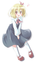 Rule 34 | 1girl, blonde hair, dress, embodiment of scarlet devil, female focus, kibushi, looking at viewer, open mouth, own hands together, red eyes, ribbon, rumia, smile, solo, touhou, white background