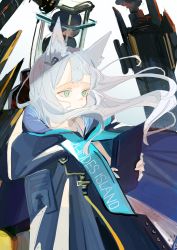 Rule 34 | 1girl, aaoshigatoutoi, absurdres, animal ear fluff, animal ears, arknights, black jacket, cat ears, closed mouth, dress, floating hair, gradient background, green eyes, grey background, grey hair, highres, holding, jacket, long hair, looking away, open clothes, open jacket, rosmontis (arknights), sleeveless, sleeveless dress, solo, white background, white dress