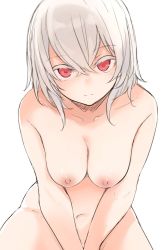 Rule 34 | 1girl, arms between legs, blush, breasts, breasts squeezed together, closed mouth, collarbone, commentary request, grey hair, hair between eyes, highres, looking at viewer, medium breasts, medium hair, navel, nipples, nude, original, otokuyou, red eyes, simple background, solo, white background