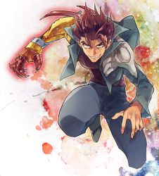 Rule 34 | 1boy, claws, full body, grey pants, jacket, kazuma (scryed), looking at viewer, male focus, pants, parted lips, red hair, scryed, short hair, solo, taki (nakochan), teeth, yellow eyes