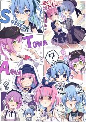 Rule 34 | 3girls, ?, absurdres, aqua hair, black bow, black bowtie, blue dress, blue hair, blue hairband, blush, bob cut, bow, bowtie, breasts, cardigan, character name, chibi, closed mouth, colored inner hair, comic, commentary, dress, english commentary, frilled dress, frilled sleeves, frills, from side, green bow, green bowtie, green eyes, green ribbon, grey cardigan, grey dress, hair between eyes, hair ornament, hair ribbon, hairband, highres, hololive, hood, hood up, hooded jacket, hoshimachi suisei, hoshimachi suisei (streetwear), jacket, kawaiisuioji, lace sleeves, looking at viewer, medium hair, minato aqua, minato aqua (sailor), multicolored hair, multiple girls, multiple views, off shoulder, official alternate costume, official alternate hairstyle, pink bag, plaid, plaid dress, purple eyes, purple hair, ribbon, short sleeves, side ponytail, small breasts, smile, speech bubble, spoken question mark, spoken squiggle, squiggle, star (symbol), star in eye, streaked hair, sweatdrop, symbol in eye, tilted headwear, tokoyami towa, tokoyami towa (jirai kei), translation request, twintails, upper body, virtual youtuber, white hood, x hair ornament