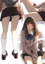 Rule 34 | 1girl, arm at side, ass, bag, beige cardigan, between legs, black footwear, black hair, black skirt, blue bow, blue neckwear, blunt bangs, blush, bow, bowtie, caidychen, cardigan, closed mouth, commentary request, cowboy shot, from behind, hand between legs, head tilt, highres, kneehighs, kneepits, loafers, long hair, long sleeves, looking at viewer, lower body, lying, miniskirt, multiple views, original, own hands together, panties, pantyshot, pleated skirt, purple eyes, school bag, school uniform, shirt, shoes, sitting, skirt, sleeves past wrists, smile, socks, stairs, standing, straight hair, striped, striped bow, underwear, white background, white shirt, white socks, wing collar