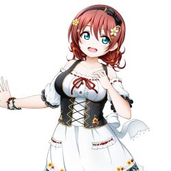 Rule 34 | 1girl, :d, bare shoulders, black bow, black hairband, blue eyes, blush, bow, breasts, brown hair, center frills, collarbone, detached sleeves, emma verde, frills, hair between eyes, hairband, highres, kuena, long hair, love live!, love live! nijigasaki high school idol club, medium breasts, open mouth, puffy short sleeves, puffy sleeves, red ribbon, ribbon, shirt, short sleeves, simple background, skirt, smile, solo, teeth, upper teeth only, white background, white shirt, white skirt, white sleeves