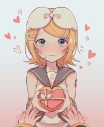 Rule 34 | 1boy, 1girl, bare shoulders, blonde hair, blue eyes, blush, bow, box, box of chocolates, crop top, detached sleeves, food, gift, hair bow, hair ornament, hairclip, headphones, headset, heart-shaped box, highres, holding, holding box, holding food, holding gift, kagamine len, kagamine rin, midriff, nervous, out of frame, pov, pov hands, sailor collar, sazanami (ripple1996), shirt, shoulder tattoo, sleeveless, sleeveless shirt, solo focus, tattoo, treble clef, upper body, valentine, vocaloid, wavy mouth