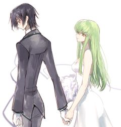 Rule 34 | 1boy, 1girl, black hair, black pants, black suit, bouquet, c.c., code geass, commentary, cowboy shot, creayus, dress, english commentary, flower, formal, gloves, green hair, holding, holding bouquet, holding hands, lelouch vi britannia, long hair, looking at another, looking down, pants, purple eyes, simple background, sleeveless, sleeveless dress, smile, suit, wedding dress, white background, white dress, white gloves, yellow eyes