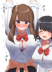 Rule 34 | 2girls, ^ ^, arms up, black hair, blue eyes, blush, bow, bowtie, bra, breasts, brown hair, button gap, cardigan, cardigan around waist, closed eyes, closed mouth, clothes around waist, collarbone, commentary request, inconvenient breasts, kaisen chuui, large breasts, looking down, medium hair, multiple girls, open mouth, orange cardigan, original, red neckwear, shirt, short hair, simple background, smile, sweat, underwear, white background, white shirt