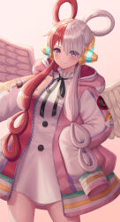 Rule 34 | 1girl, asymmetrical wings, black ribbon, blush, closed mouth, commentary request, dress, eyes visible through hair, feathered wings, grey hair, hair over one eye, hair rings, hand on own hip, highres, jacket, long sleeves, looking at viewer, mismatched wings, multicolored hair, neck ribbon, one piece, open clothes, open jacket, pink background, pink jacket, pink wings, puffy long sleeves, puffy sleeves, purple eyes, red eyes, ribbon, seungju lee, simple background, sleeves past fingers, sleeves past wrists, smile, solo, two-tone hair, uta (one piece), white dress, white wings, wings