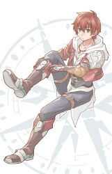 Rule 34 | 1boy, adol christin, blue pants, boots, closed mouth, collarbone, commentary request, full body, grey eyes, highres, invisible chair, jewelry, light frown, male focus, mishiro (andante), necklace, pants, red hair, short hair, single shoulder pad, sitting, solo, white background, white hood, ys, ys memories of celceta