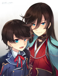 Rule 34 | 10s, 2boys, bishounen, black hair, blue eyes, braid, buttons, double-breasted, earrings, endend (shinia), gold trim, gradient background, hair between eyes, horikawa kunihiro, izumi-no-kami kanesada, jacket, jewelry, long hair, looking to the side, male focus, multiple boys, neck ribbon, open mouth, red ribbon, ribbon, simple background, single braid, teeth, touken ranbu, twitter username, upper body