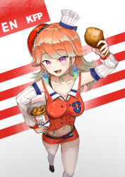 Rule 34 | 1girl, absurdres, beret, breasts, chef hat, chicken (food), chinese commentary, choker, cleavage, collarbone, commentary request, detached sleeves, dutch angle, fast food, food, fried chicken, from above, gradient hair, green hair, green ribbon, hat, highres, hololive, hololive english, jagoo, looking at viewer, medium breasts, mini hat, multicolored hair, navel, open mouth, orange hair, orange shorts, purple eyes, ribbon, ribbon choker, shorts, smile, solo, stomach, suspender shorts, suspenders, takanashi kiara, takanashi kiara (1st costume), thighhighs, virtual youtuber, white thighhighs