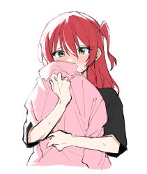 Rule 34 | 1girl, black shirt, blush, bocchi the rock!, commentary request, danji bang, green eyes, highres, hugging object, implied yuri, jacket, kita ikuyo, korean commentary, long hair, one side up, pink jacket, red hair, shirt, short sleeves, simple background, solo, sweat, track jacket, upper body, white background