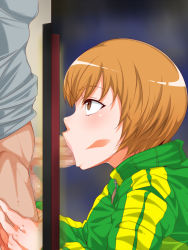 Rule 34 | 1girl, :&gt;=, black eyes, blonde hair, blush, bottomless, censored, fellatio, highres, ko1444, long sleeves, looking at another, mosaic censoring, oral, penis, persona, persona 4, satonaka chie, short hair, solo focus, standing, television, zipper