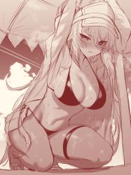 Rule 34 | 1girl, armpits, arms up, bare shoulders, beach umbrella, bikini, black rock shooter, blush, breasts, chariot (black rock shooter), cleavage, collarbone, greyscale, highres, hiyake-chan, jacket, kneeling, large breasts, long hair, long sleeves, looking at viewer, m-da s-tarou, monochrome, navel, one-piece tan, open clothes, open jacket, original, sketch, solo, sweat, swimsuit, tan, tanline, thigh strap, thighs, twintails, umbrella, visor cap