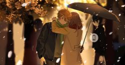 Rule 34 | 1boy, 1girl, black coat, blurry, blurry background, brown coat, brown eyes, brown hair, brown pants, buoyancy03, closed mouth, coat, green scarf, grey shirt, highres, holding, holding umbrella, hug, jacket, long sleeves, luke pearce (tears of themis), open clothes, open jacket, outdoors, pants, red scarf, rosa (tears of themis), scarf, shirt, short hair, snowing, tears of themis, umbrella
