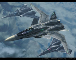 Rule 34 | 1boy, 1other, ace combat, ace combat 7: skies unknown, adf-11f raven, aircraft, airplane, artist name, canopy (aircraft), cockpit, commentary request, contrail, copyright name, emblem, fighter jet, flying, from above, glowing, jet, letterboxed, military, military vehicle, mountain, outdoors, pilot, pilot helmet, pilot suit, signature, trigger (ace combat), vehicle focus, x-02s strike wyvern, zephyr164