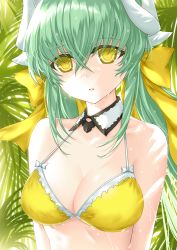Rule 34 | 1girl, bad id, bad pixiv id, bikini, bow, breasts, cleavage, detached collar, fate/grand order, fate (series), green hair, hair between eyes, hair bow, halterneck, horns, kiyohime (fate), kiyohime (fate/grand order), kiyohime (swimsuit lancer) (fate), kiyohime (swimsuit lancer) (first ascension) (fate), long hair, looking at viewer, medium breasts, morizono shiki, parted lips, solo, swimsuit, upper body, wet hat, yellow bikini, yellow bow, yellow eyes