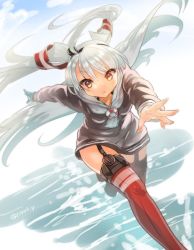 Rule 34 | 10s, 1girl, amatsukaze (kancolle), dress, garter straps, gloves, gradient background, hair tubes, hairband, hat, kantai collection, long sleeves, mini hat, neckerchief, noguruma, red thighhighs, running, sailor dress, single glove, sky, solo, striped clothes, striped thighhighs, thighhighs, twitter username, two side up, water, white hair, yellow eyes