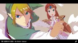 Rule 34 | 1boy, 1girl, bad id, bad pixiv id, blonde hair, blue eyes, brown hair, gloves, holding, holding sword, holding weapon, letterboxed, link, long hair, master sword, nintendo, pointy ears, princess zelda, shield, shield on back, sword, the legend of zelda, the legend of zelda: twilight princess, weapon, yadokugaeru