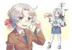 Rule 34 | :d, blue hair, blue neckerchief, blue ribbon, blue skirt, blue vest, brown eyes, brown jacket, buttons, collared shirt, food, full body, glasses, gloves, gradient hair, grey hair, hat, highres, hirato (kancolle), hishimochi, holding, holding food, jacket, kantai collection, kazh (kazu), long sleeves, looking at food, machinery, mast, multicolored hair, multiple views, neckerchief, open mouth, pantyhose, pleated skirt, ribbon, rimless eyewear, school uniform, serafuku, shirt, short hair, simple background, skirt, smile, upper body, vest, wavy hair, white background, white gloves, white legwear, white shirt