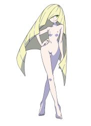 Rule 34 | 1girl, blonde hair, breasts, cleft of venus, closed mouth, collarbone, creatures (company), flat chest, full body, game freak, hand on own hip, highres, juli (pixiv30498194), long hair, lusamine (pokemon), mature female, nintendo, nude, nude filter, pale skin, pokemon, pokemon sm, pussy, skinny, small breasts, smile, solo, take (illustrator), thigh gap, third-party edit, transparent background, uncensored, white background, yellow eyes