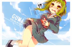 Rule 34 | 1girl, bad id, bad pixiv id, blush, clothes lift, food, goggles, green hair, gumi, haru (oomr005), highres, open mouth, pocky, school uniform, skirt, skirt lift, solo, speech bubble, vocaloid, wavy mouth, yellow eyes