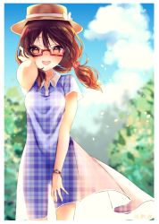 Rule 34 | 1girl, blue dress, bow, brown eyes, brown hair, brown hat, day, dress, glasses, hair bobbles, hair ornament, hat, hat bow, looking at viewer, low twintails, mokokiyo (asaddr), outdoors, plaid, plaid dress, red-framed eyewear, see-through, semi-rimless eyewear, smile, solo, standing, summer, sundress, touhou, twintails, under-rim eyewear, unmoving pattern, usami sumireko, white bow