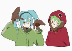 Rule 34 | 2girls, :/, black outline, blue eyes, brown gloves, cable, closed mouth, cropped torso, expressionless, facepaint, facing viewer, gloves, green eyes, green hair, green jacket, gumi, hair between eyes, hands on own cheeks, hands on own face, hands up, hatsune miku, head tilt, headphones, highres, hood, hood up, hoodie, jacket, jans 1122, matryoshka (vocaloid), multiple girls, outline, pale skin, rabbit pose, red eyes, red hoodie, ringed eyes, short twintails, side-by-side, sideways glance, simple background, single vertical stripe, smile, track jacket, tsurime, twintails, vocaloid, white background, yellow eyes, zipper