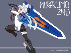 Rule 34 | 10s, 1girl, bad id, bad pixiv id, black pantyhose, character name, commentary request, dated, dress, glowing, glowing eye, gundam, gundam astray blue frame, gundam seed, gundam seed astray, highres, holding, holding sword, holding weapon, huge weapon, kantai collection, kuro chairo no neko, murakumo (kancolle), name connection, open mouth, pantyhose, red eyes, sailor dress, short dress, silver hair, solo, sword, weapon