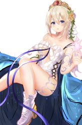 Rule 34 | 1girl, :o, bare legs, bare shoulders, blonde hair, blue cape, blue eyes, blue ribbon, blush, boots, breasts, cape, center opening, cleavage, collarbone, crown, efuri (riarea00), europa (granblue fantasy), flower, gem, granblue fantasy, hair between eyes, hair flower, hair ornament, hand up, highres, knee up, large breasts, looking at viewer, parted lips, ribbon, short hair, sidelocks, simple background, solo, thighs, white background, white footwear, yellow flower