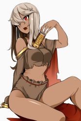 Rule 34 | 1girl, albino, bad id, bad pixiv id, between breasts, breasts, can, coffee, dark-skinned female, dark skin, doko tetora, hair between breasts, head tilt, long hair, midriff, off shoulder, one eye closed, open mouth, original, red eyes, silver hair, simple background, sitting, solo, stomach, torn clothes