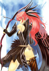 Rule 34 | 1girl, absurdres, arrow (projectile), ass, bare shoulders, bow (weapon), cape, eiwa, highres, long hair, looking back, pink hair, ponytail, red eyes, single thighhigh, solo, thighhighs, weapon