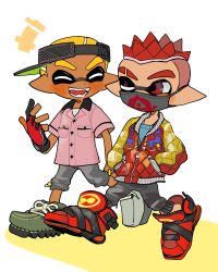 Rule 34 | +++, 2boys, 2mi2lonkik4936, black gloves, blush, closed eyes, commentary request, cross-laced footwear, dark-skinned male, dark skin, fingerless gloves, full body, gloves, green footwear, grey pants, grey shorts, hands in pockets, highres, holding hands, inkling, inkling boy, inkling player character, jacket, male focus, mask, mouth mask, multicolored clothes, multicolored jacket, multiple boys, nintendo, one eye closed, open mouth, pants, pink shirt, pointy ears, print jacket, print mask, red footwear, red gloves, red jacket, shirt, shoes, short hair, shorts, sideways hat, simple background, single glove, smile, spiked hair, splatoon (series), standing, teeth, tentacle hair, thick eyebrows, two-tone gloves, two-tone jacket, visor cap, white background, yaoi, yellow jacket, zipper, zipper pull tab