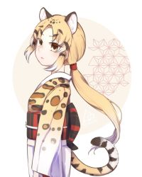 Rule 34 | 10s, 1girl, adapted costume, animal ears, animal print, blonde hair, blush, brown hair, clouded leopard (kemono friends), commentary request, extra ears, hair tie, japanese clothes, kemono friends, kimono, leopard ears, leopard print, leopard tail, long hair, long sleeves, multicolored hair, ponytail, sash, sidelocks, solo, tail, tatsuno newo, upper body, white hair, yellow eyes