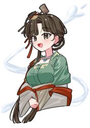 Rule 34 | 1girl, :d, absurdres, banbi ruqun, bead necklace, beads, blush, braid, breasts, brown eyes, brown hair, chinese clothes, cropped torso, dress, green dress, green shirt, hair ornament, hanfu, highres, jewelry, jiu niangzi, long hair, long sleeves, looking at viewer, necklace, open mouth, reverse:1999, sanjuqing&#039;an, shawl, shirt, simple background, smile, solo, tassel, upper body, white background