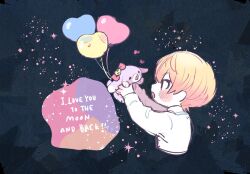 Rule 34 | 1boy, animal ears, balloon, black sky, blonde hair, blush, bow, brown eyes, collared shirt, commentary, cropped torso, dark background, english text, from side, gradient hair, hair between eyes, heart, heart balloon, holding, holding stuffed toy, long sleeves, looking at object, lop rabbit ears, multicolored hair, open mouth, orange hair, outdoors, pastel colors, pink bow, poppu usagi, profile, project sekai, rabbit ears, shirt, short hair, sky, solo, space, star (sky), starry sky, stuffed animal, stuffed bunny (project sekai), stuffed rabbit, stuffed toy, tenma tsukasa, upper body, white shirt