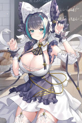 Rule 34 | 1girl, apron, aqua hair, azur lane, bag, basket, black hair, black ribbon, blunt bangs, blush, bracelet, breasts, chalkboard, cheshire (azur lane), claw pose, cleavage, dress, food, garter straps, green eyes, hair ornament, hair ribbon, highres, jewelry, large breasts, looking at viewer, maid, maid apron, maid headdress, multicolored hair, ribbon, solo, thighhighs, thighs, two-tone hair, wavy mouth, white thighhighs, ziko