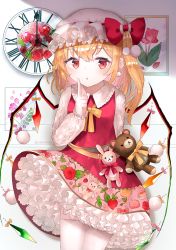 Rule 34 | 1girl, :o, against wall, animal print, arm up, belt, blonde hair, blush, breasts, clock, commentary request, contrapposto, cowboy shot, dangle earrings, earrings, embellished costume, finger to cheek, flandre scarlet, floral print, food, fruit, hair between eyes, hat, hat ribbon, jewelry, long sleeves, looking at viewer, mob cap, partial commentary, petticoat, picture frame, pointy ears, pom pom (clothes), rabbit print, red eyes, red skirt, red vest, ribbon, roman numeral, rose print, sakizaki saki-p, shirt, short hair, side ponytail, skirt, small breasts, solo, standing, strawberry, stuffed animal, stuffed rabbit, stuffed toy, teddy bear, thighhighs, touhou, twitter username, vest, white hat, white shirt, white thighhighs, wings, yellow neckwear, yellow ribbon
