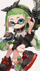 Rule 34 | 1girl, absurdres, aqua eyes, black bow, black footwear, black hairband, bow, closed mouth, cross-laced footwear, full body, green hair, gun, hairband, highres, holding, holding gun, holding weapon, inkling, inkling girl, inkling player character, invisible chair, long hair, myon rio, nintendo, pointy ears, shoes, simple background, sitting, smile, solo, splat bomb (splatoon), splatoon (series), splatoon 2, splattershot (splatoon), tentacle hair, thick eyebrows, weapon, white background